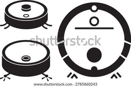 Round robotic vacuum cleaner icons, home cleaning device symbols.