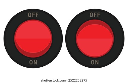 Runder Wippschalter mit rotem Knopf und ON OFF-Label. Vektorbild für elektrische Illustrationen oder Steuerschemata