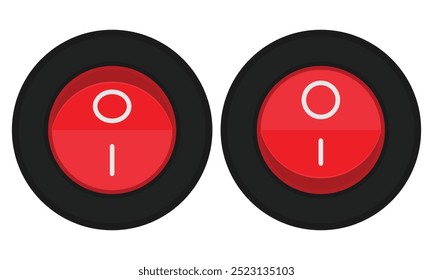 Runder Wippschalter mit rotem Knopf und Markierungen. Vektorbild für elektrische Illustrationen oder Steuerschemata