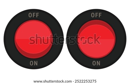 Round rocker switch with red button and ON OFF labels. Vector image for electric illustrations or control schemas