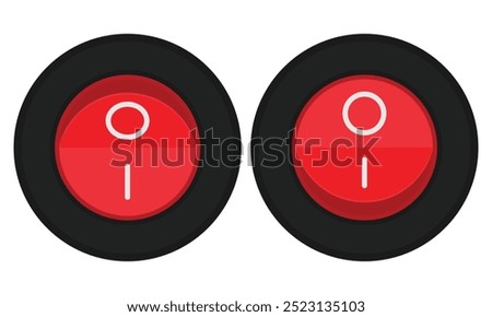 Round rocker switch with red button and markings. Vector image for electric illustrations or control schemas