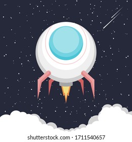 Round rocket illustration with cartoon style and flat color launch to the moon. Background, portrait.