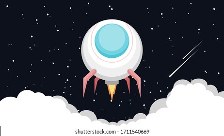 Round rocket illustration with cartoon style and flat color launch to the moon. Background, landscape.