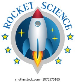 round rocket science vector illustration logo with star shapes and launching space rocket