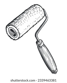 Round roller paint brush with a handle. Sketch vintage vector illustration