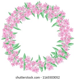 Round romantic floral frame made of pink phlox and green leaves. Wreath for Valentine's Day, wedding invitations and greeting cards. Handmade. Vector illustration

