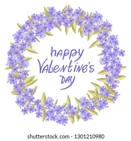 Round romantic flower frame and lettering ""Happy Valentine's Day"". Vector hand drawn  illustration. Greeting card