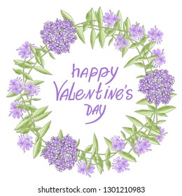 Round romantic flower frame and lettering ""Happy Valentine's Day"". Vector hand drawn  illustration. Greeting card