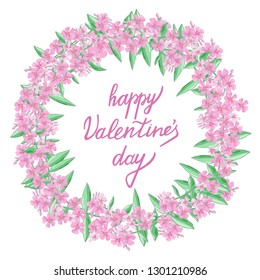 Round romantic flower frame and lettering ""Happy Valentine's Day"". Vector hand drawn  illustration. Greeting card