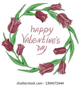 Round romantic flower frame and lettering "Happy Valentine's Day". Vector hand drawn  illustration. Greeting card
