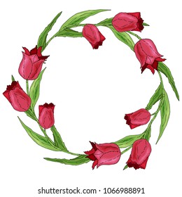 Round romantic flower frame made of red tulips and green leaves. Circle with space for text for wedding and seasonal design. Vector illustration