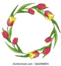 Round romantic flower frame made of yellow and red tulips and green leaves. Circle with space for text for wedding and seasonal design. Vector illustration