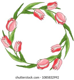 Round romantic flower frame made of pink tulips and green leaves. Circle with space for text for wedding and seasonal design.  Vector illustration

