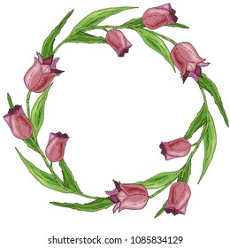Round romantic flower frame made of pink tulips and green leaves. Circle with space for text for wedding and seasonal design.  Vector illustration
