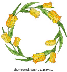 Round romantic flower frame made of yellow tulips and green leaves. Circle with space for text for wedding and seasonal design.  Vector illustration
