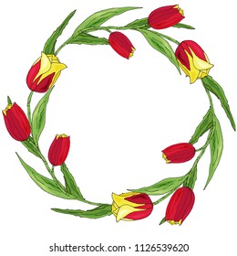 Round romantic flower frame made of  tulips and  leaves. Circle with space for text for wedding and seasonal design.  Vector illustration
