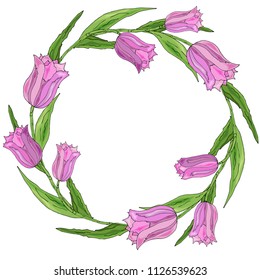 Round romantic flower frame made of  tulips and  leaves. Circle with space for text for wedding and seasonal design.  Vector illustration
