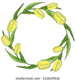 Round romantic flower frame made of  tulips and  leaves. Circle with space for text for wedding and seasonal design.  Vector illustration

