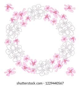 Round romantic flower frame made of sakura branch. Wreath for Valentine's Day, wedding invitations and greeting cards. Handmade. Vector illustration. Isolated objects 