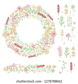 Round romantic flower frame made with wildflowers. Wreath for Valentine's Day, wedding invitations and greeting cards. Handmade. Vector illustration. Isolated objects on whi