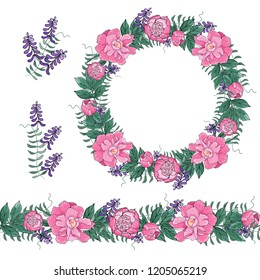 Round romantic flower frame of peonies flowers and endless border isolated on white background. Circle with space for text for wedding and seasonal design. Postcard, print, posters of vintage design