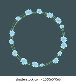 Round romantic frame with blue myosotis, a wreath of flowers