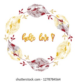 Round romantic frame made with stamp leaves. Wreath. Greeting cards. Vector illustration. Isolated objects on white.  
