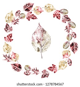 Round romantic frame made with stamp leaves. Wreath. Greeting cards. Vector illustration. Isolated objects on white.  
