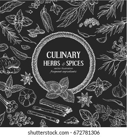 Round rope  banner surrounded by colored sketch herbs and spices on black background, vector illustration