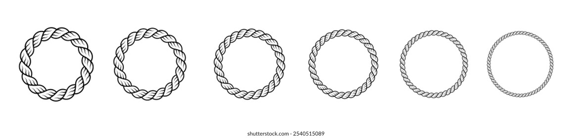 Round rope borders in the circles shape. Vector collection of black braided cord frames isolated on transparent background