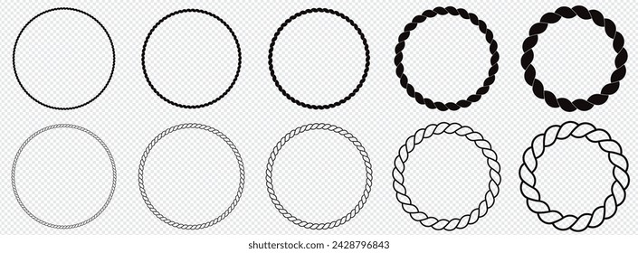 Round rope curve symbol set. Different thickness circular ropes set for decoration. Vector isolated on transparent Background.