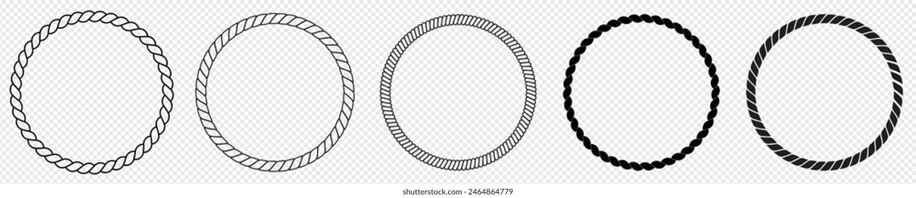 Round rope curve symbol set. Different thickness circular ropes set for decoration. Vector isolated on transparent background.