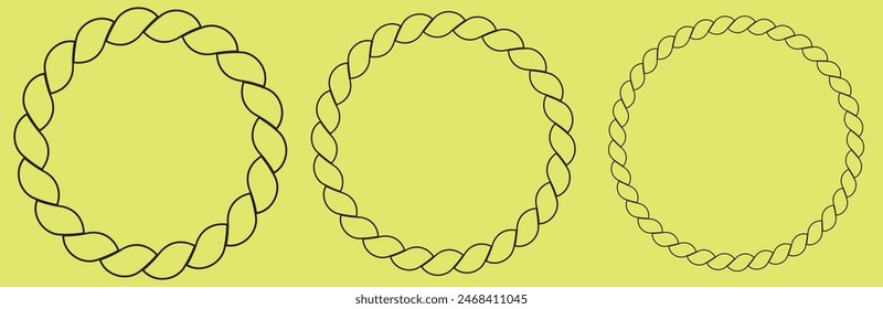  Round rope curve symbol set. Different thickness circular ropes set for decoration. Vector isolated on white.