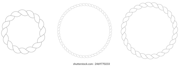 Conjunto de símbolos de curva de cuerda redonda. Cuerdas circulares de diferente espesor establecidas para la decoración. Vector aislado en blanco.