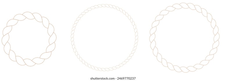 Round rope curve symbol set. Different thickness circular ropes set for decoration. Vector isolated on white.