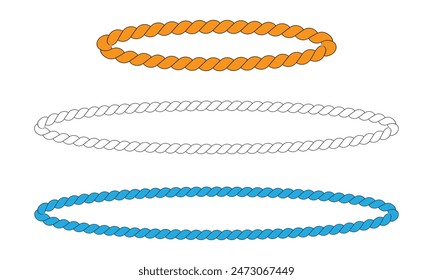 Round rope curve symbol set. Different thickness circular ropes set for decoration. Vector isolated on white.