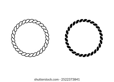 Conjunto de símbolos de curva de corda redonda. Cordas circulares de espessura diferente ajustadas para decoração. Vetor isolado no plano de fundo branco