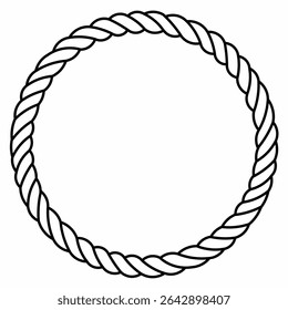 Round rope frame in black and white. Nautical twisted cord circle border for logo, badge, text,invitation, label, or marine-themed design. Hand drawn vector outline.