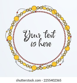 Tarjeta de marco de cuerda redonda. Cadena de cuerdas torcidas. Pulsera de Boho con colgantes, perlas y borlos. Decoración del borde del cordón trenzado. Ilustración vectorial de caricatura plana vintage.