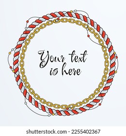 Round rope frame card. Twisted Rope Chain. Boho bracelet with pendants, beads and tassels. Braided cord border decor. Vintage flat cartoon vector illustration.