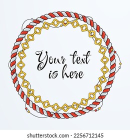 Tarjeta de marco de cuerda redonda. Cadena de cuerdas torcidas. Pulsera de Boho con colgantes, perlas y borlos. Decoración del borde del cordón trenzado. Ilustración vectorial de caricatura plana vintage.