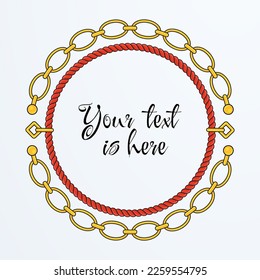 Round rope frame card. Twisted Rope Chain. Boho bracelet with pendants, beads and tassels. Braided cord border decor. Vintage flat cartoon vector illustration.