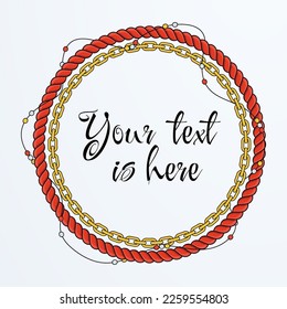 Round rope frame card. Twisted Rope Chain. Boho bracelet with pendants, beads and tassels. Braided cord border decor. Vintage flat cartoon vector illustration.