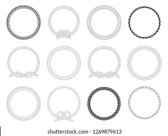 Round rope frame. Circle ropes, rounded border and decorative marine cable frame circles. Rounds cordage knot stamp or nautical twisted knots logo isolated vector icons set