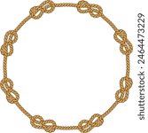 Round rope frame isolated on white background. Twisted cord with decorative loops and nautical knots. Braided rope decor. Vintage flat cartoon vector border.