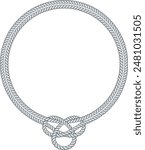 Round rope frame isolated on white background. Twisted cord with decorative loops and nautical knots. Braided rope decor. Vintage flat cartoon vector border.
