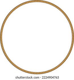 Round rope frame isolated on white background. Twisted cord with decorative loops and nautical knots. Braided rope decor. Vintage flat cartoon vector border.