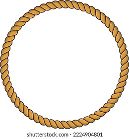 Round rope frame isolated on white background. Twisted cord with decorative loops and nautical knots. Braided rope decor. Vintage flat cartoon vector border.