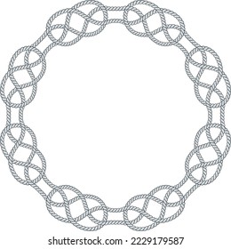 Round rope frame isolated on white background. Twisted cord with decorative loops and nautical knots. Braided rope decor. Vintage flat cartoon vector border.