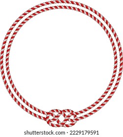 Round rope frame isolated on white background. Twisted cord with decorative loops and nautical knots. Braided rope decor. Vintage flat cartoon vector border.